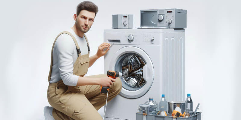 Foto di un tecnico mentre ripara una lavatrice (Generata con AI).